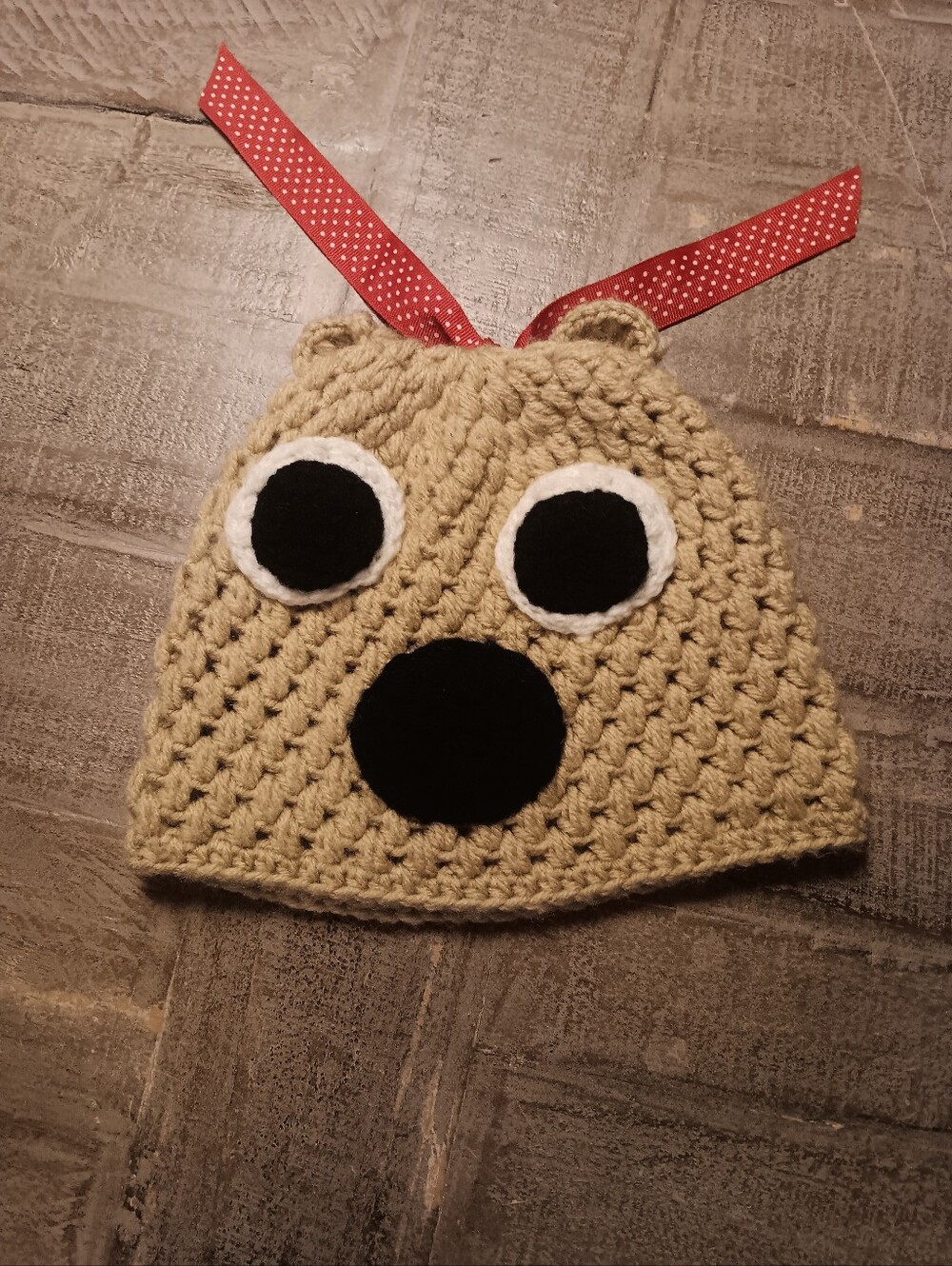 Kids Bear Crochet Beanie Hat in Tan with Black Accent